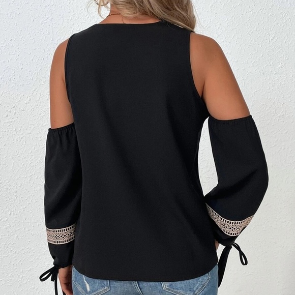 Boho Black Cold Shoulder Lace Blouse - Picture 5 of 6